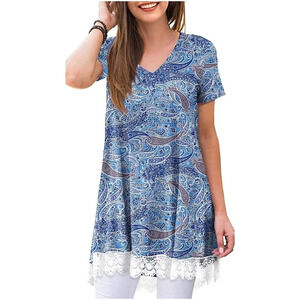 POPYOUNG Womans V-Neck Short Sleeve Tunic Lace Hem Paisley